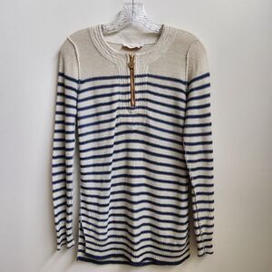 Tory Burch Sweater Women's S Tan Navy Stripe Linen 1/4 Zip Classic Modern Chic